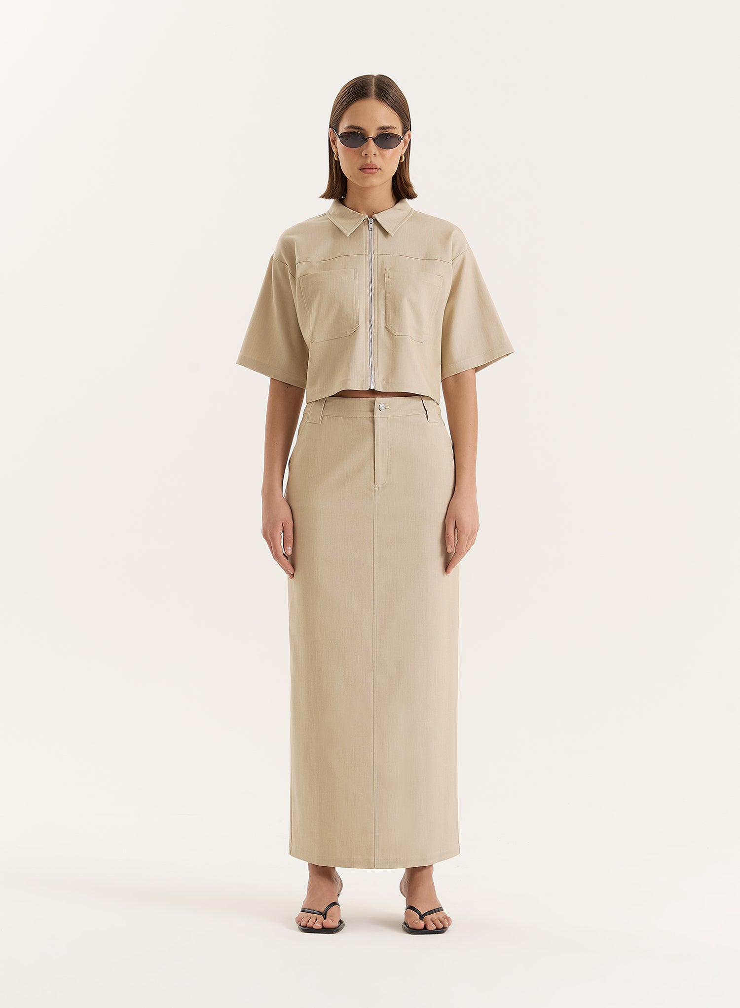 Beige Cropped Tailored Zip Through Shirt